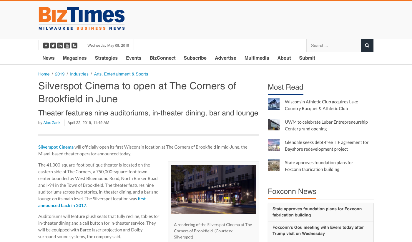 Silverspot Cinema to open at The Corners of Brookfield in June