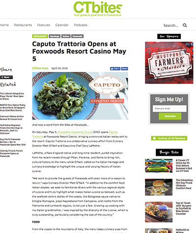 CTBITES: Caputo Trattoria Opens at Foxwoods Resort Casino May 5